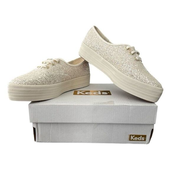Keds Cream Glitter Sneakers Point Glitter Celebrations Lace Up Platform Sneaker - Picture 1 of 9